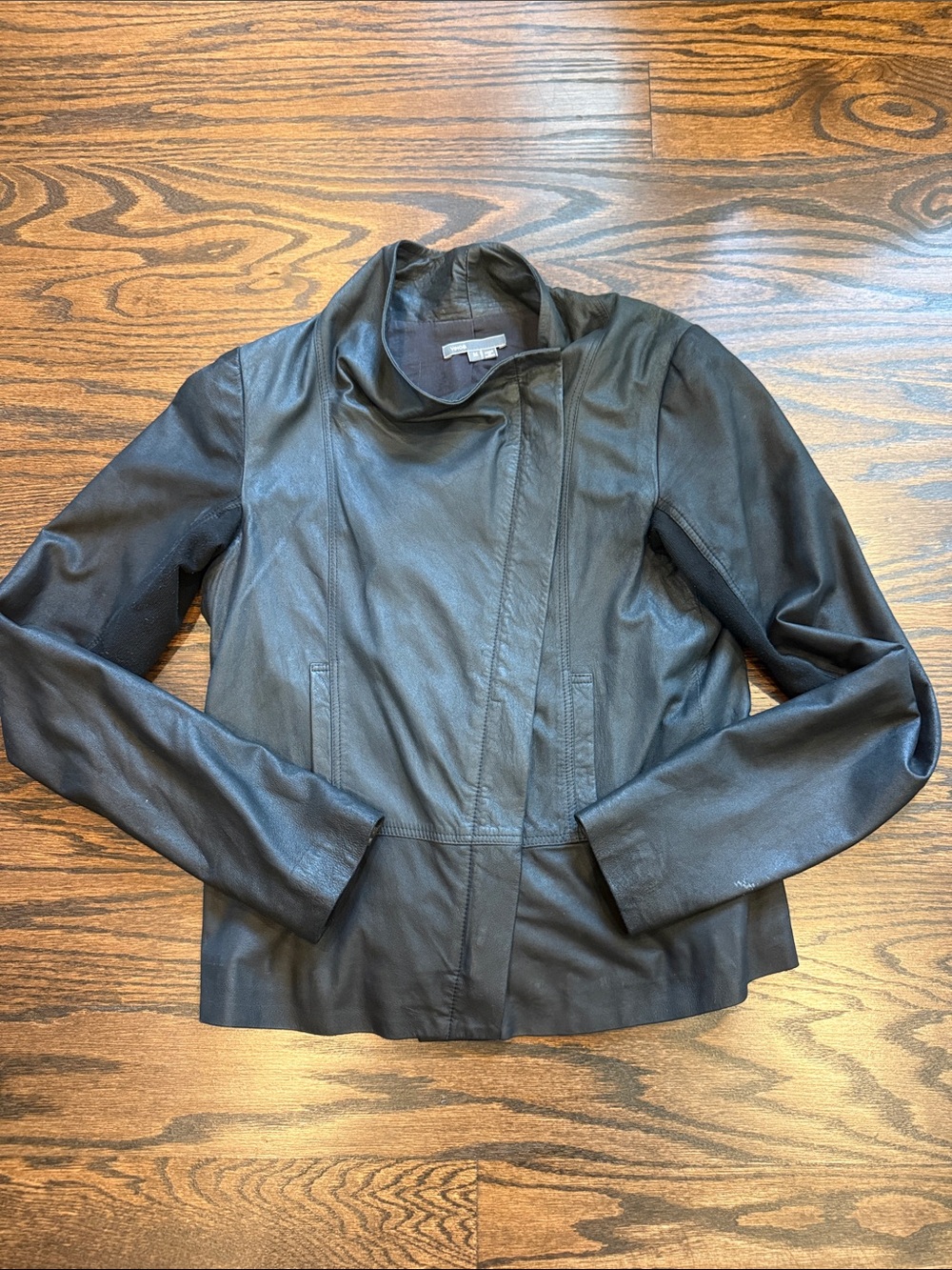 Vince Leather Navy and Black Women's Jacket - Classic Asymmetrical Design Size M